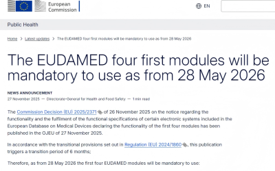 EU Confirms Mandatory Use of First Four EUDAMED Modules from 28 May 2026