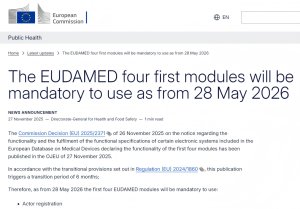 欧盟宣布自 2026 年 5 月 28 日起强制实施EUDAMED 医疗器械数据库前4大模块